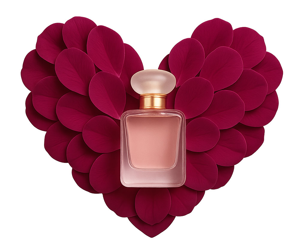 Coeur en pétale de fleur avec bouteille de parfum rose