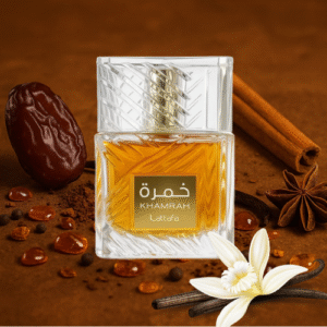 Bouteille de parfum Khamrah Lattafa, fleur de vanille, datte, canelle